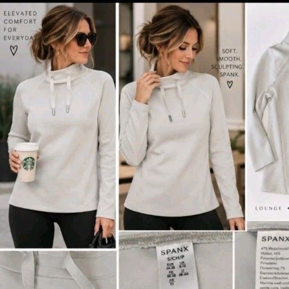 SPANX AirEssentials Mock Neck Drawstring Pullover Sweatshirt Ivory S